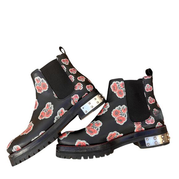 Alexander McQueen | Floral Print Leather Chelsea Booties in Black Size 38 - Picture 3 of 8